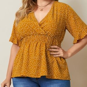 Mustard V-neck Polka Dot Wrap Design Plus Size Blouse